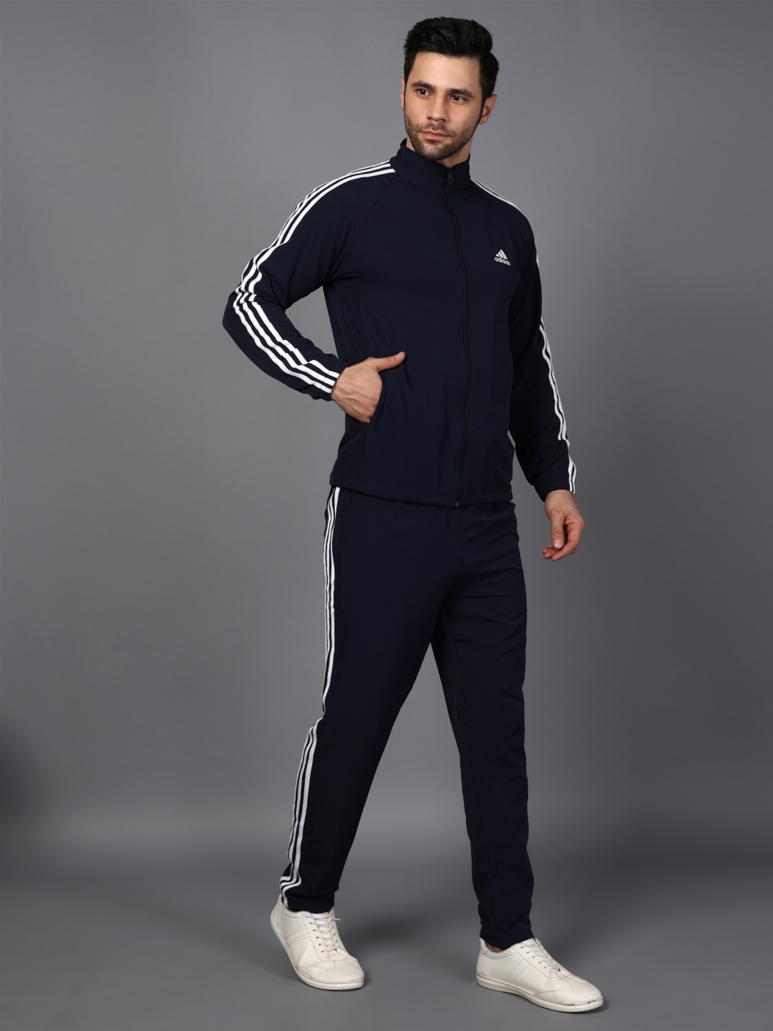 Adidas Striped Men Blue Track Suit (Jacket & Track Pant) - Image 4