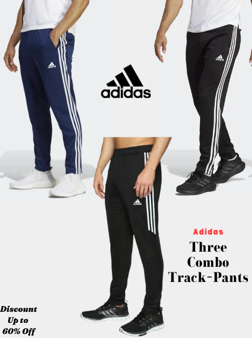 Adidas Three (03-Pack of 2 Black & 1 Navy Blue) -Style Solid Casual Track Pants