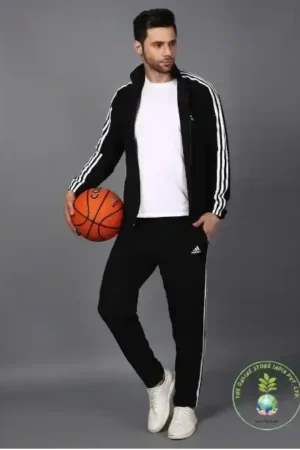 Adidas Striped Men Black Tracksuit (Jacket &track-pants)