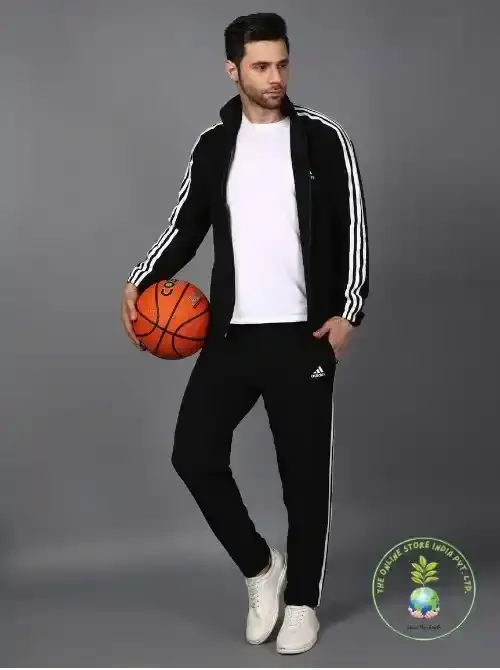 Adidas Striped Men Black Tracksuit (Jacket &track-pants)